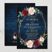 Navy Blue Blush Burgundy Gold Geometric Weddenscha Kaart (Voorkant / Achterkant)