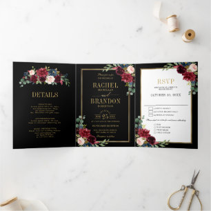 Navy Blue Blush Burgundy Gold Geometric Wedding Tr Drieluik Aankondiging