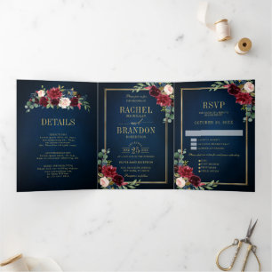 Navy Blue Blush Burgundy Gold Geometric Wedding Tr Drieluik Aankondiging