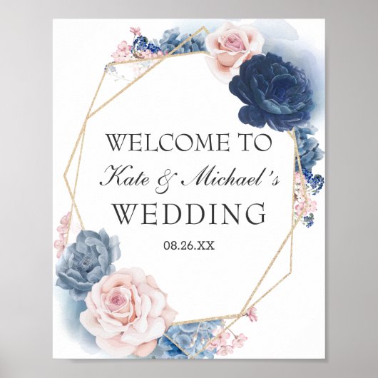 Navy Blue Blush Dusty Floral Gold Lijst Wedding Poster (Voorkant)