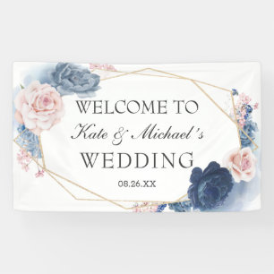 Navy Blue Blush Dusty Floral Gold Lijst Wedding Spandoek