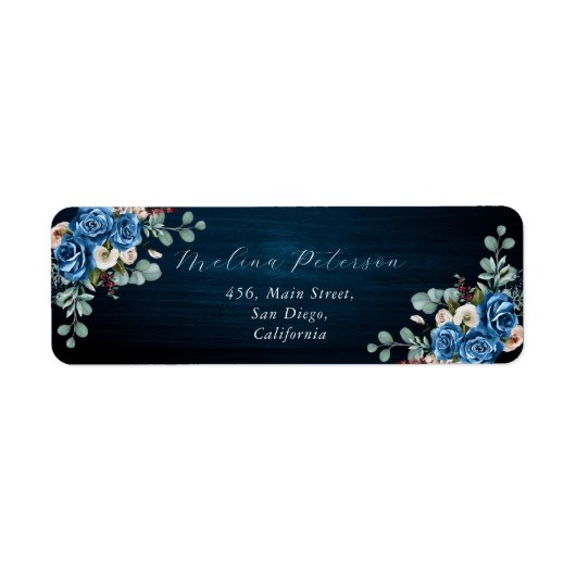 Navy Blue Blush Dusty Floral Wedding Address Etiket (Voorkant)