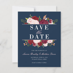 Navy Blue, Blush en Burgundy Floral Waterverf Save The Date