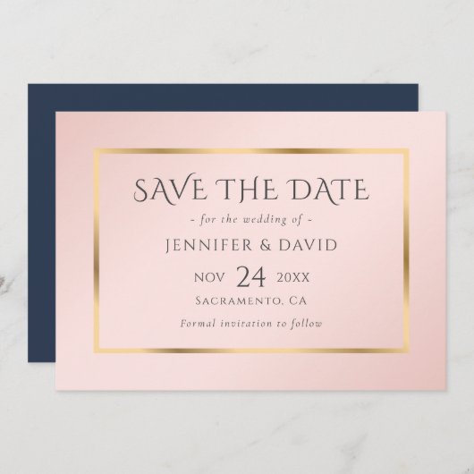 Navy Blue Blush en Gold Wedding Save the Date (Voorkant / Achterkant)