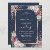 Navy Blue Blush en Roos Gold Glitter Wedding Kaart (Voorkant / Achterkant)