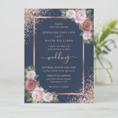 Navy Blue Blush en Roos Gold Glitter Wedding Kaart (Staand voorkant)