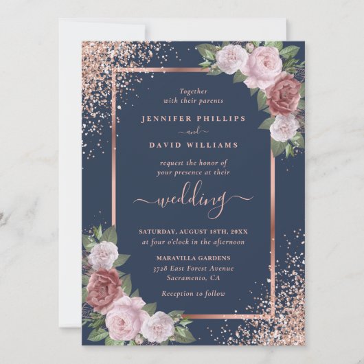Navy Blue Blush en Roos Gold Glitter Wedding Kaart (Voorkant)