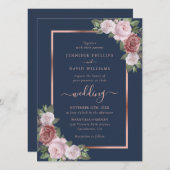 Navy Blue Blush en Roos Gold Wedding Kaart (Voorkant / Achterkant)
