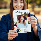 Navy Blue Blush Floral Afstuderen Foto Bedankkaart