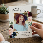 Navy Blue Blush Floral Afstuderen Foto Bedankkaart