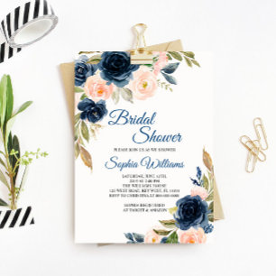 Navy Blue & Blush Floral Bridal Shower Invitation Kaart