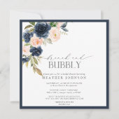 Navy Blue & Blush Floral Brunch & Bubble Shower Kaart (Voorkant)