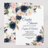 Navy Blue & Blush Floral Couples Shower Invitation (Devant / Derrière)