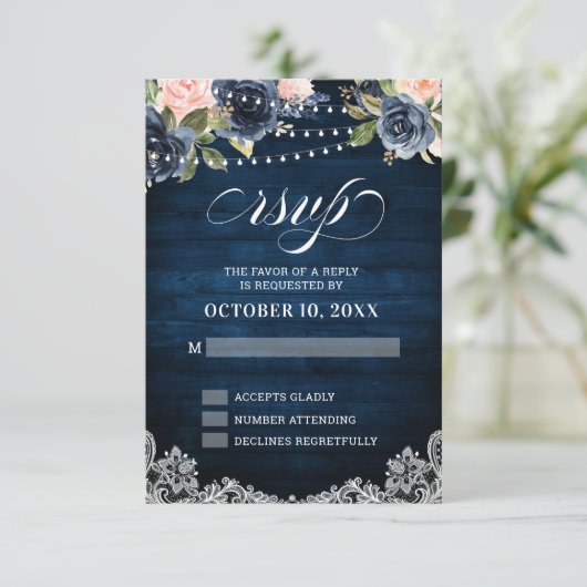 Navy Blue Blush Floral Rustic String Light RSVP (Staand voorkant)
