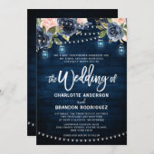 Navy Blue Blush Floral Rustic String Light Wedding Kaart (Voorkant / Achterkant)