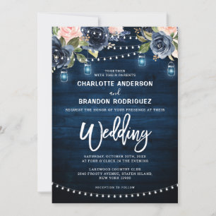 Navy Blue Blush Floral Rustic String Light Wedding Kaart