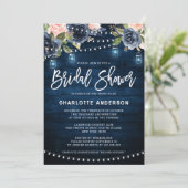 Navy Blue Blush Floral String Light Vrijgezellenfe Kaart (Staand voorkant)