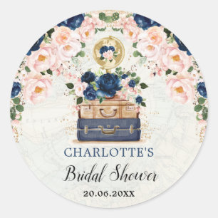 Navy Blue Blush Floral Travel Vrijgezellenfeest Fa Ronde Sticker
