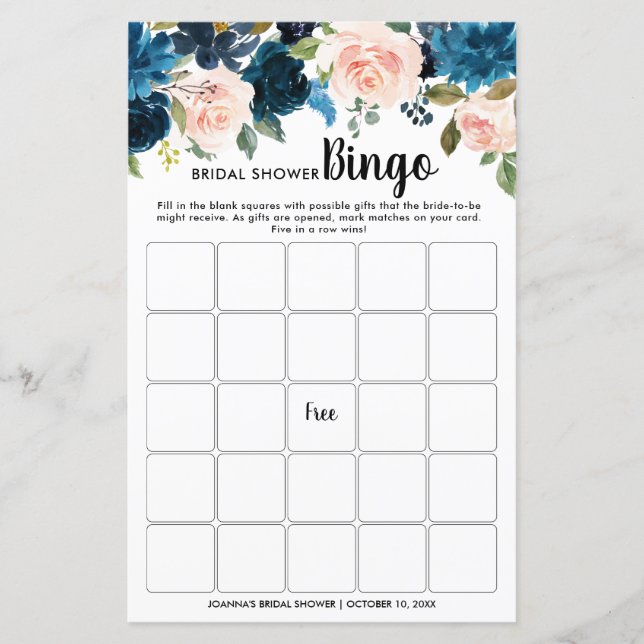 Navy Blue Blush Floral Vrijgezellenfeest Bingo (Voorkant)