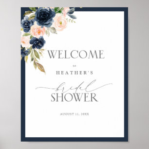 Navy Blue & Blush Floral Waterverf Shower Welkom Poster