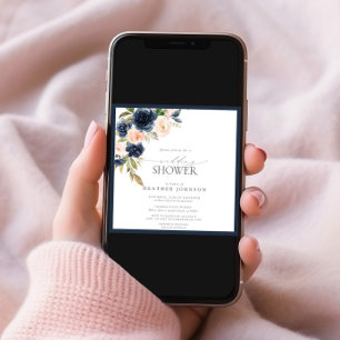 Navy Blue & Blush Floral Waterverf Wedding Shower Kaart