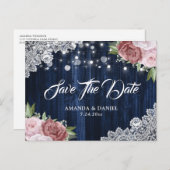 Navy Blue Blush Floral Wedding Save the Date Aankondigingskaart (Voorkant / Achterkant)