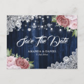 Navy Blue Blush Floral Wedding Save the Date Aankondigingskaart (Voorkant)