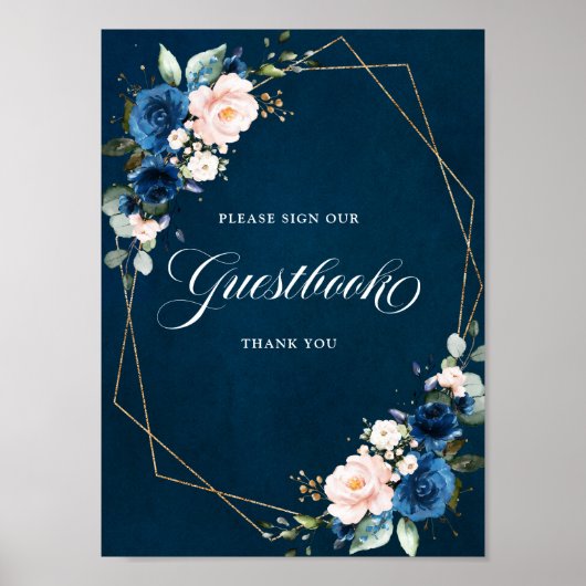 Navy Blue Blush Geometric Sign Guestbook Poster (Voorkant)