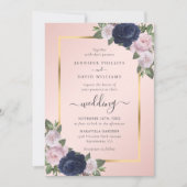 Navy Blue Blush Gold Floral Wedding Kaart (Voorkant)