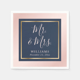Navy Blue Blush Gold Mr en Mrs Wedding Servet