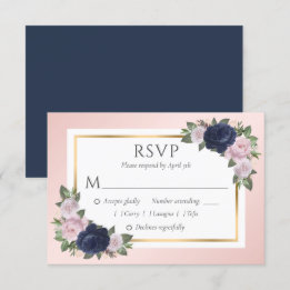 Navy Blue Blush Goud Bloemen Bruiloft RSVP Kaarten Kaartje