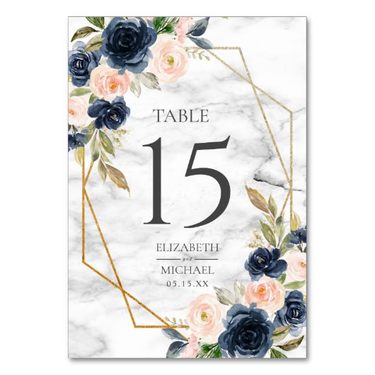 Navy Blue Blush Marble Geometric Floral Wedding Kaart (Voorkant)