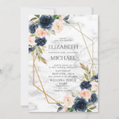 Navy Blue Blush Marble Geometric Floral Wedding Kaart (Voorkant)