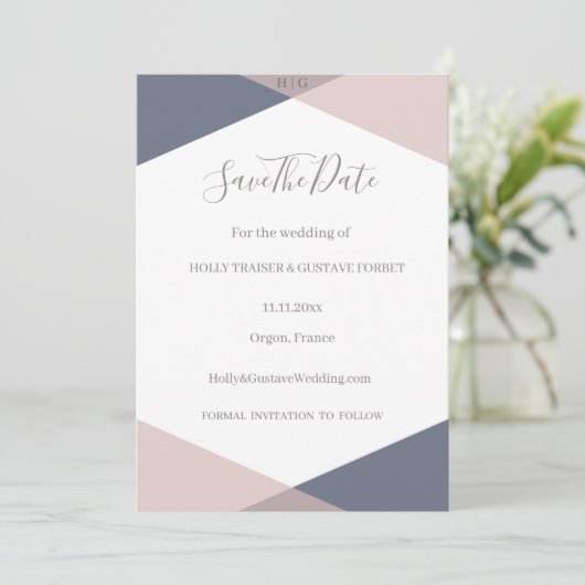 Navy Blue Blush Monogram sparen de datum bruiloft Kaart (Staand voorkant)