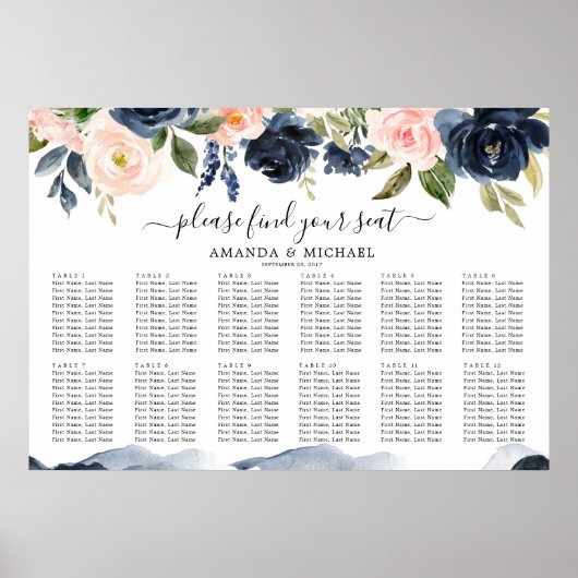 Navy Blue Blush Pink Botanical Seating Chart Poster (Voorkant)