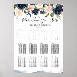 Navy Blue Blush Pink Botanical Seating Chart Poster