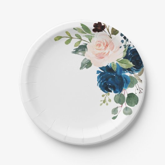Navy Blue Blush Pink Botanical Weddenpapier Bord (Voorkant)