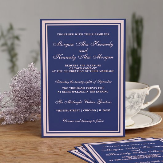 Navy Blue Blush Pink Classic Uitnodiging voor een 