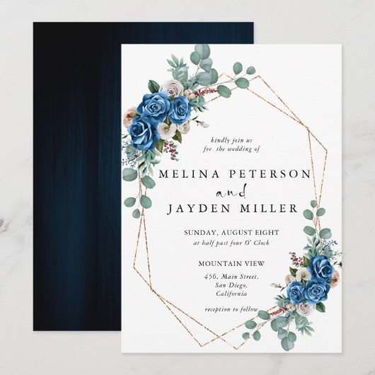 Navy Blue Blush Pink Dusty Floral Wedding Kaart (Voorkant / Achterkant)