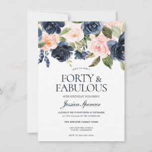 Navy Blue Blush Pink Floral 40th Birthday Party Kaart