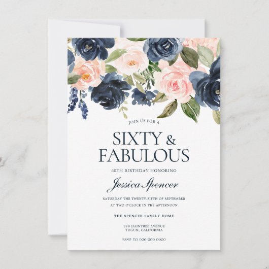 Navy Blue Blush Pink Floral 60th Birthday Party Kaart (Voorkant)