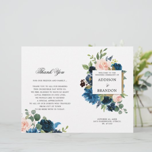 Navy Blue Blush Pink Floral Folded Wedding Program (Staand voorkant)