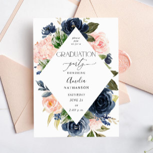 Navy Blue & Blush Pink Floral Gradual Party Kaart