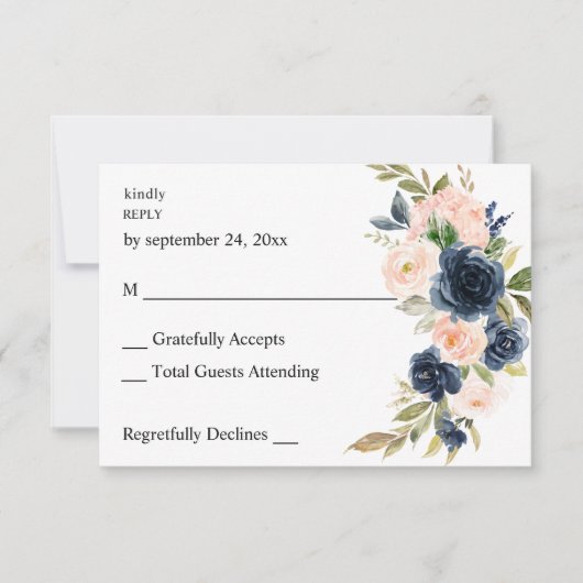 Navy Blue & Blush Pink Floral no Meal RSVP (Voorkant)