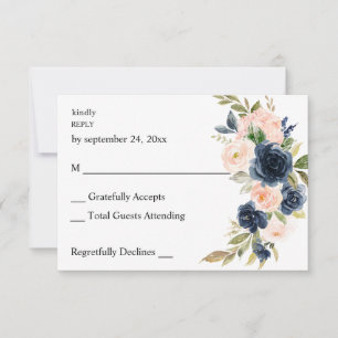 Navy Blue & Blush Pink Floral no Meal RSVP Kaartje