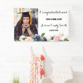 Navy Blue Blush Pink Floral Photo Graduparty Spandoek (Insitu)