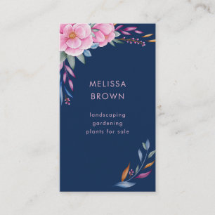 Navy Blue Blush Pink Floral Waterverf Verticaal Visitekaartje