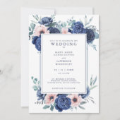 Navy Blue Blush Pink Floral Wedding Invitation (Voorkant)