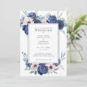 Navy Blue Blush Pink Floral Wedding Invitation (Staand voorkant)