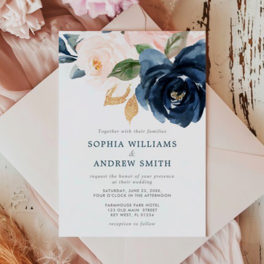 Navy Blue & Blush Pink Floral Wedding Invitation Kaart